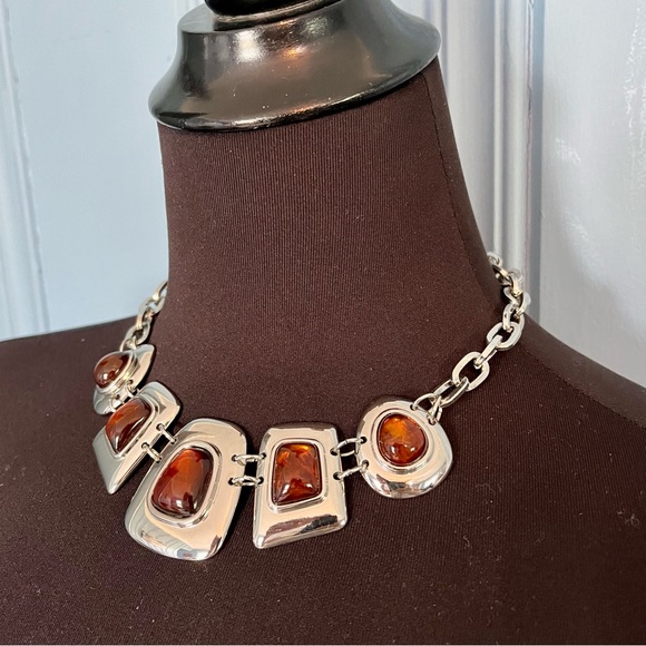 Lia Sophia Kiam Family Silver Tone Faux Amber Nacklace Big Chunky Up to 20" L - Picture 3 of 15